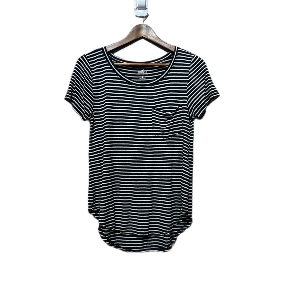 Hollisterβ Pocket Tee Womens XS Black White Striped Good Curved Hem Short Sleeve